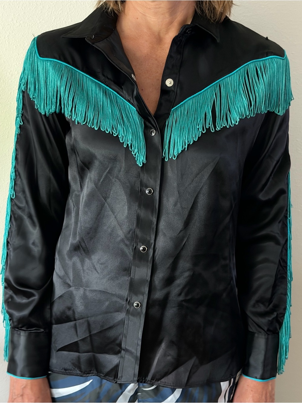 Black Satin Fringe Western Shirt Jacket with Teal Trim